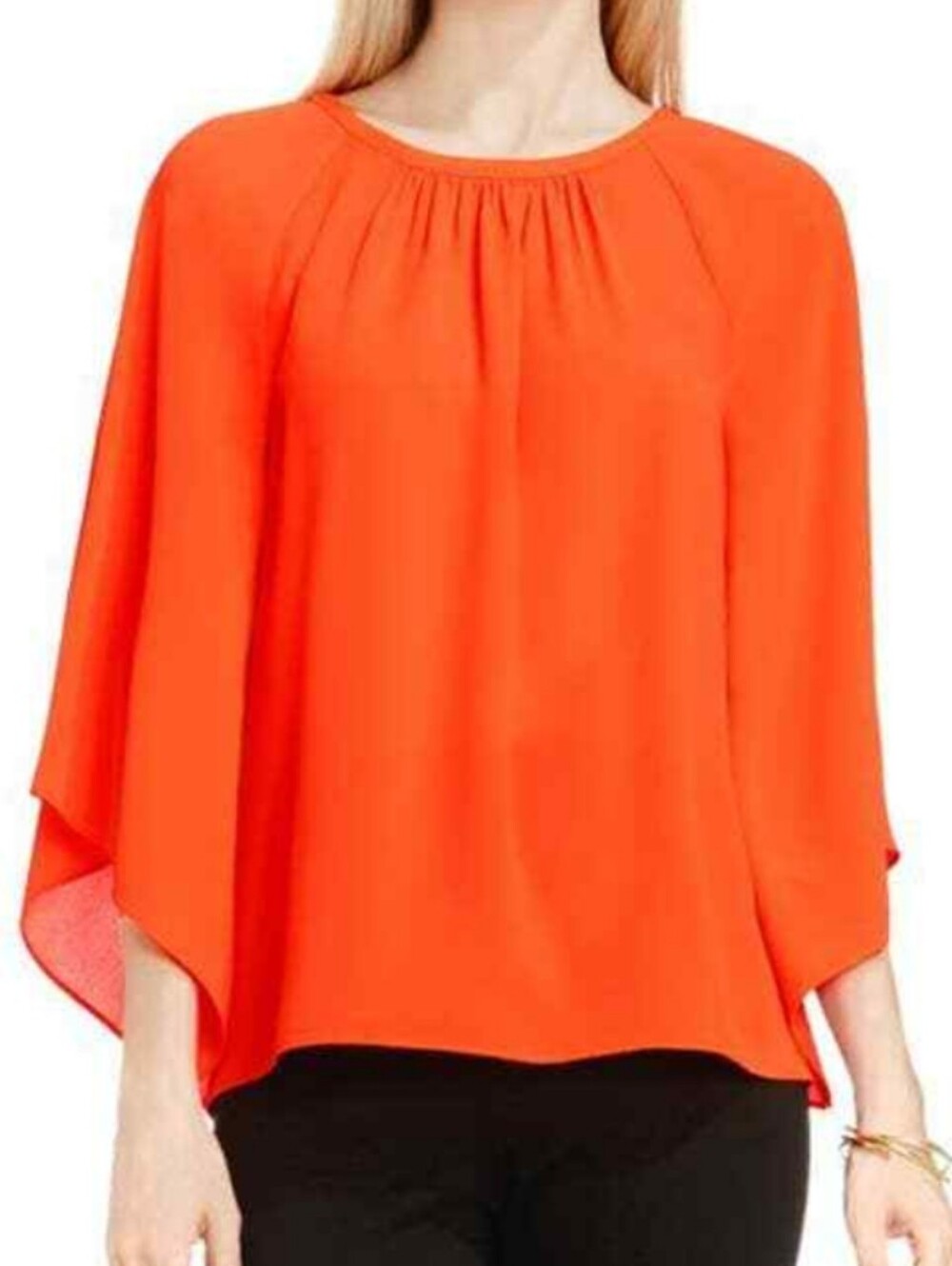 Vince Camuto Bright Orange Raglan Sleeve Pleated Neck Tunic Blouse